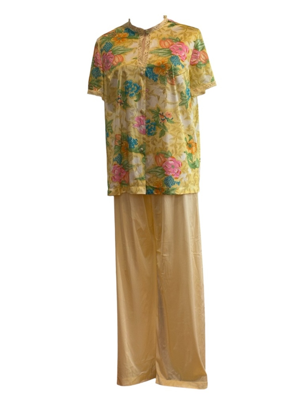 70s 2PC VANITY FAIR ASIAN INSPIRED FLORAL TOP & WIDE LEG PANT PAJAMA SET SZ M - Picture 3 of 8